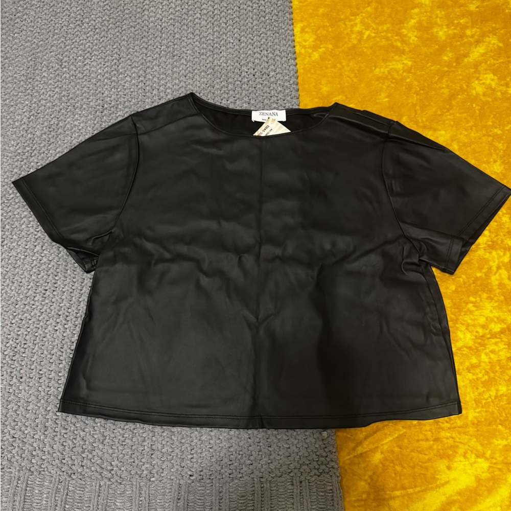 Zenana Outfitters Black Faux Leather Short Sleeve Top